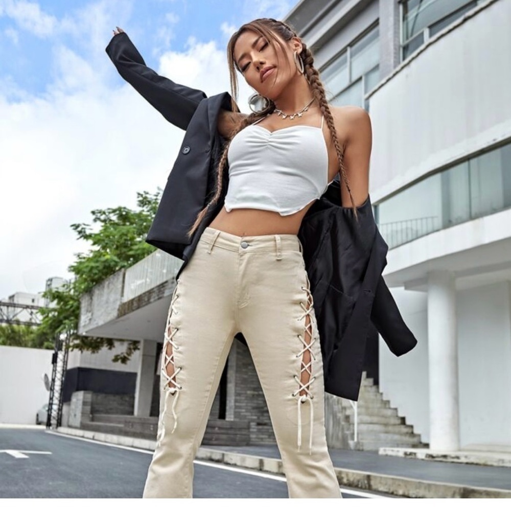 Lace Up Flared Beige Jeans NWOT